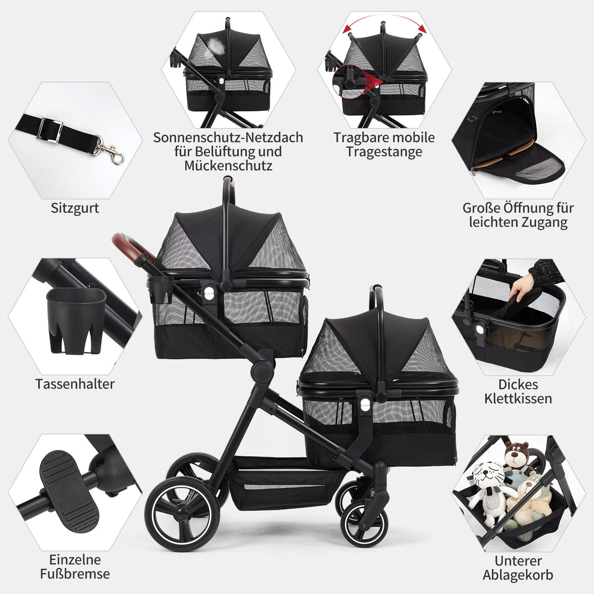 Garvee Poussette pliable pour chien jusqu’à 22kg, double panier, fenêtre filet, protection pluie et porte-gobelet, noir