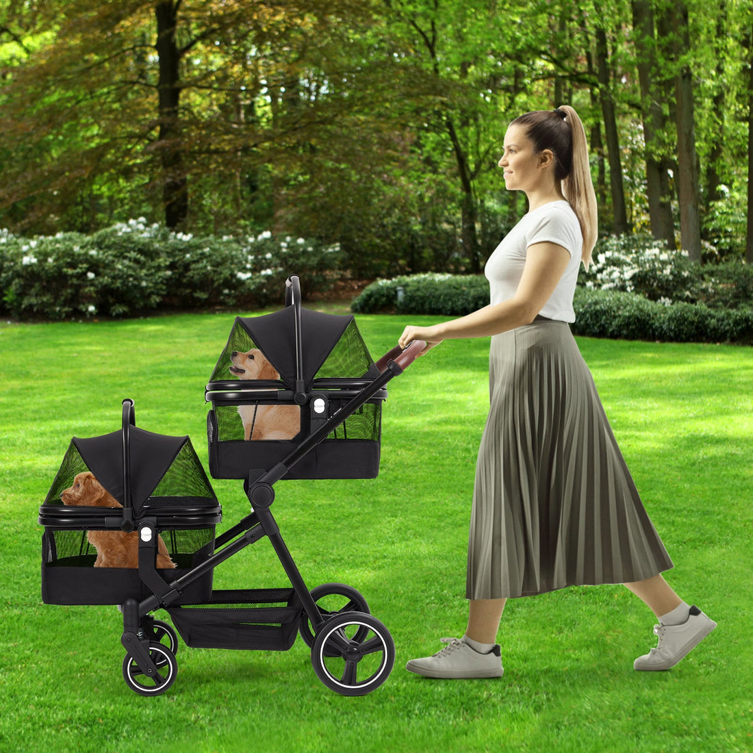 Garvee Poussette pliable pour chien jusqu’à 22kg, double panier, fenêtre filet, protection pluie et porte-gobelet, noir