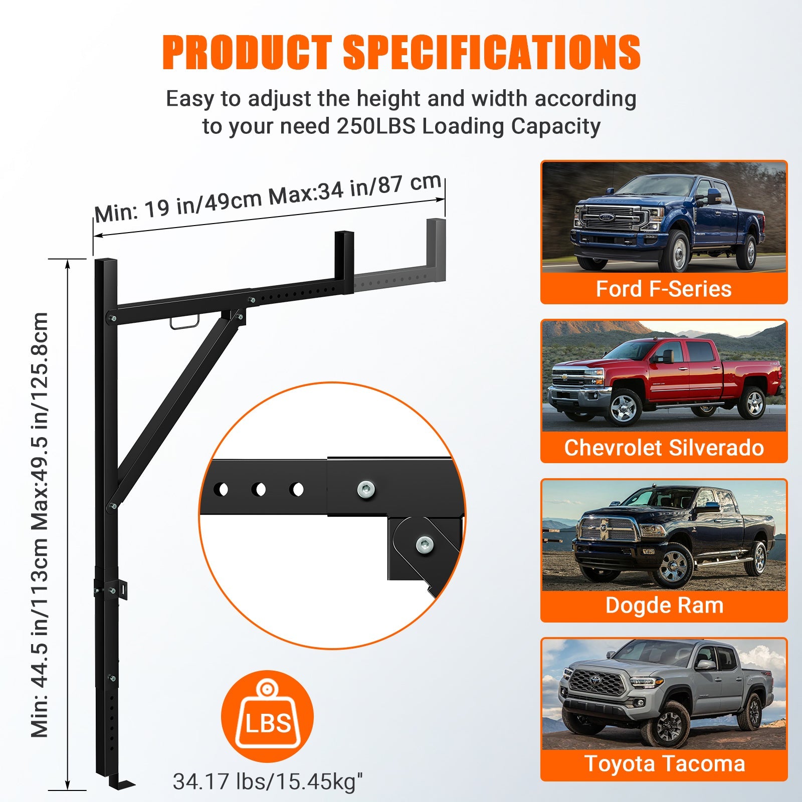 Porte-échelle Garvee pour camionnette, largeur réglable de 48 à 86 cm, hauteur de 113 à 126 cm, capacité de 113 kg, acier, revêtement en poudre noir, pour kayaks et planches de surf