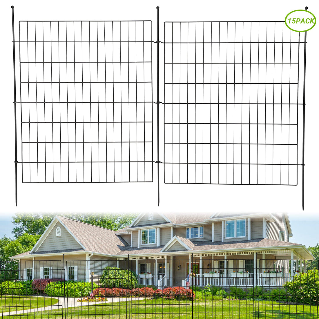 Clôture décorative de jardin Garvee, 15 panneaux, en acier inoxydable, barrière anti-animaux, 8,8 x 9,75 m, noire, pour cour et terrasse