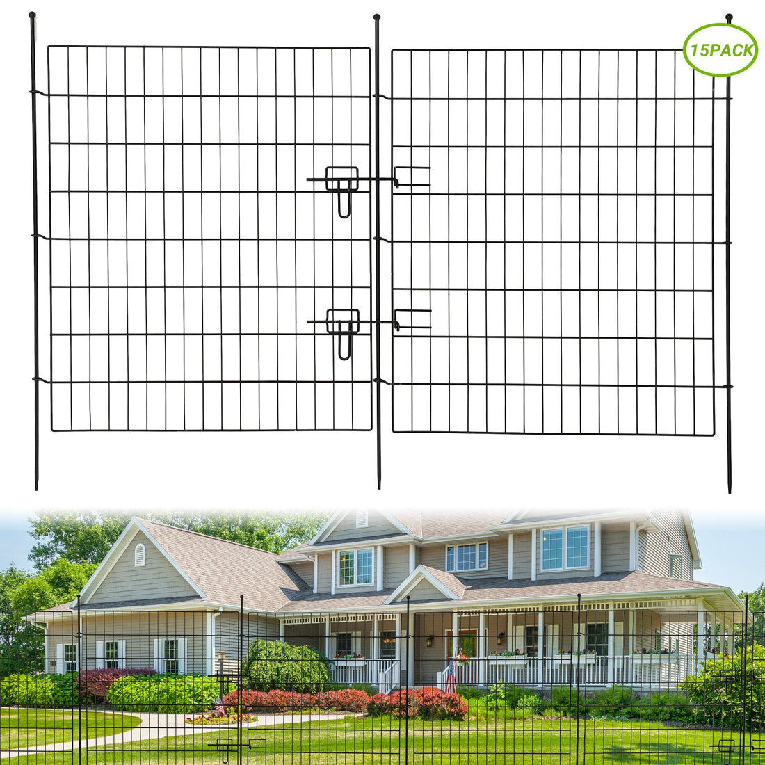 Clôture décorative de jardin Garvee, 15 panneaux avec portail, fil métallique antirouille pour cour et terrasse, 8,8 x 9,75 m, noir