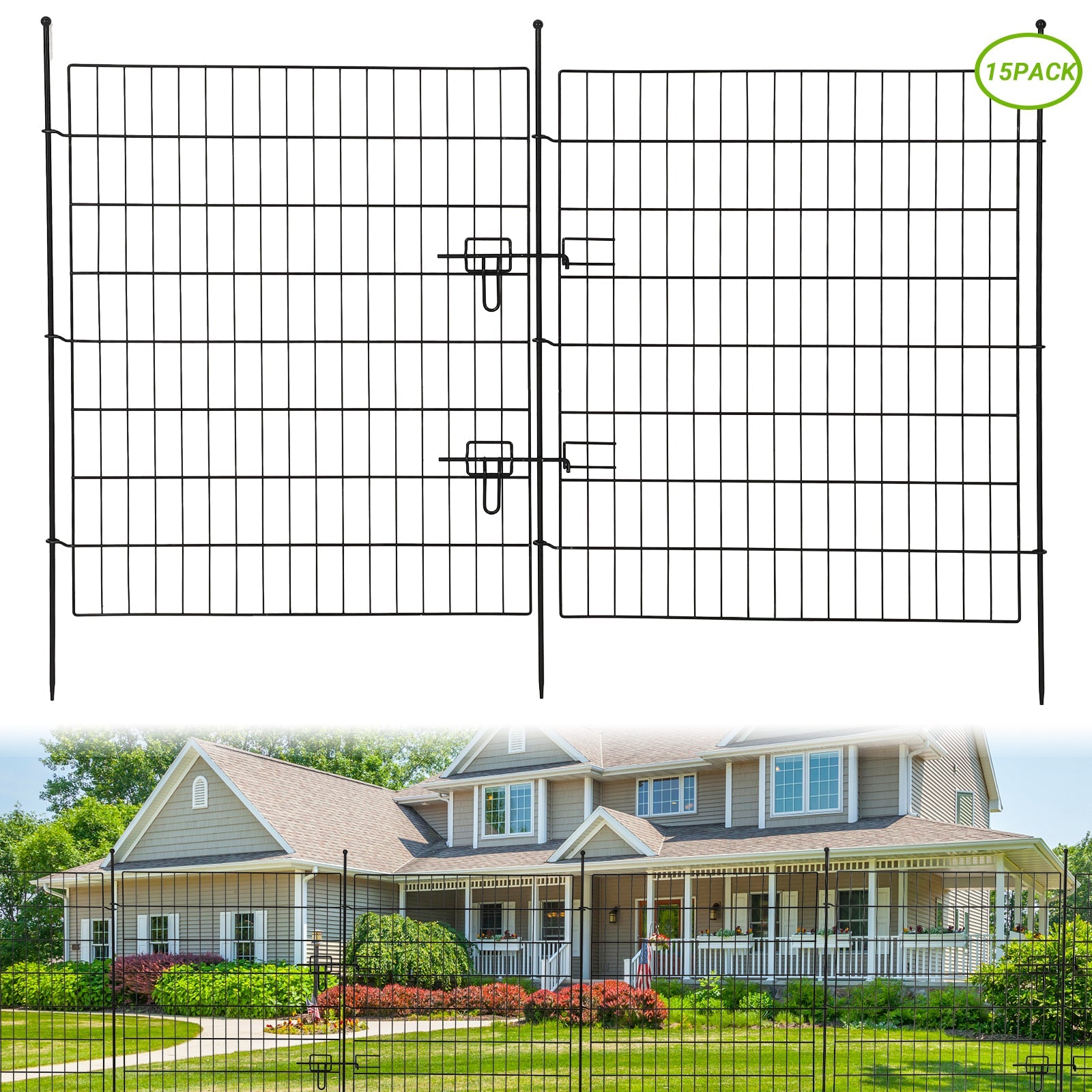Clôture décorative de jardin Garvee, 15 panneaux avec portail, fil métallique antirouille pour cour et terrasse, 8,8 x 9,75 m, noir