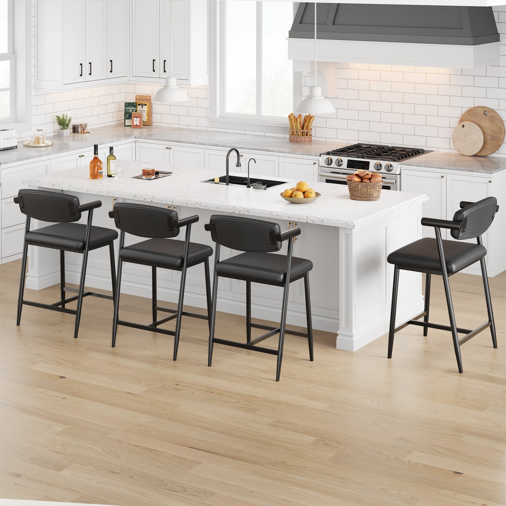 Garvee Tabourets de bar modernes 66 cm avec accoudoirs et dossier, assise large rembourrée, structure métallique noire, pour îlot de cuisine