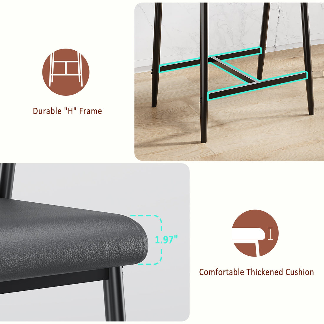 Garvee Tabourets de bar modernes 66 cm avec accoudoirs et dossier, assise large rembourrée, structure métallique noire, pour îlot de cuisine
