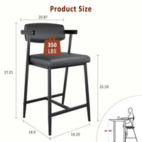 Garvee Tabourets de bar modernes 66 cm avec accoudoirs et dossier, assise large rembourrée, structure métallique noire, pour îlot de cuisine