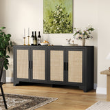 Garvee Buffet 4 portes en rotin naturel, rangement spacieux, bois durable, table console boho pour salon et cuisine, naturel - Noir