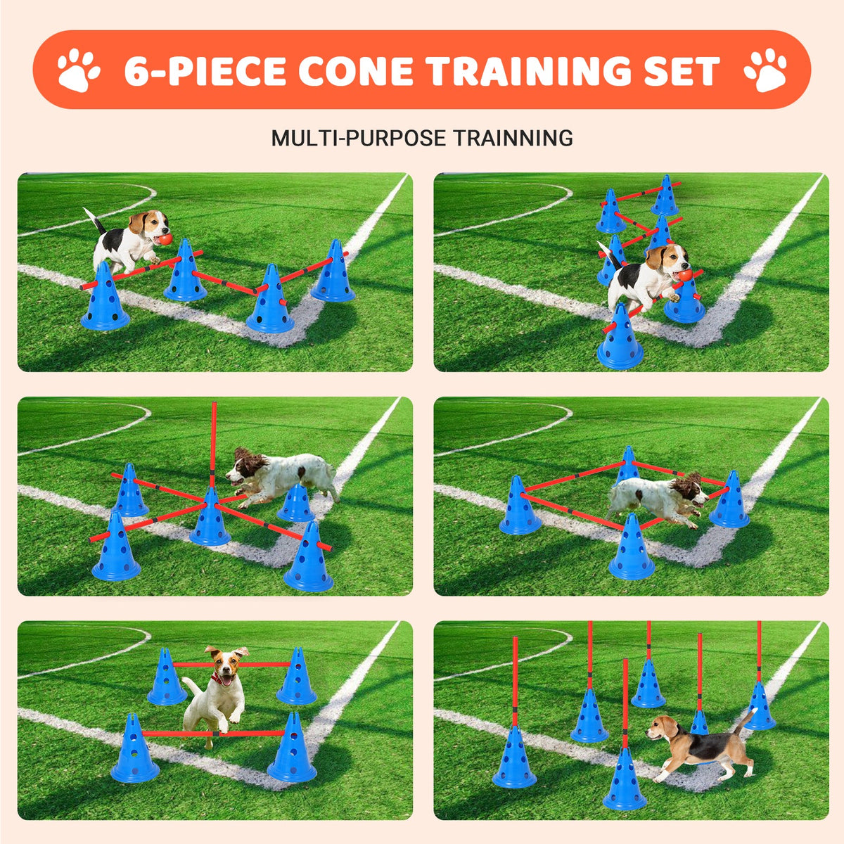 Garvee Parcours d'agilité pour chiens avec 12 cônes, 6 barres, réglable, en ABS, pour l'entraînement en extérieur, portable et polyvalent