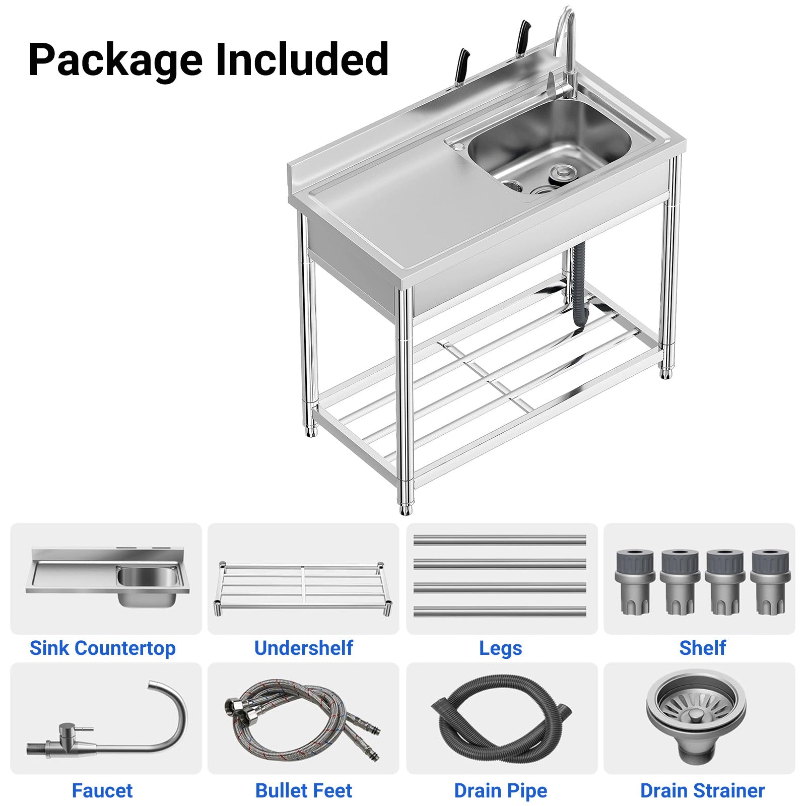Garvee Évier en Inox 304 100 x 50 x 80 cm avec Robinet Eau Chaude/Froide, Grande Cuve et Étagères de Rangement, pour Cuisine Professionnelle et Jardin
