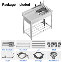 Garvee Évier en Inox 304 100 x 50 x 80 cm avec Robinet Eau Chaude/Froide, Grande Cuve et Étagères de Rangement, pour Cuisine Professionnelle et Jardin