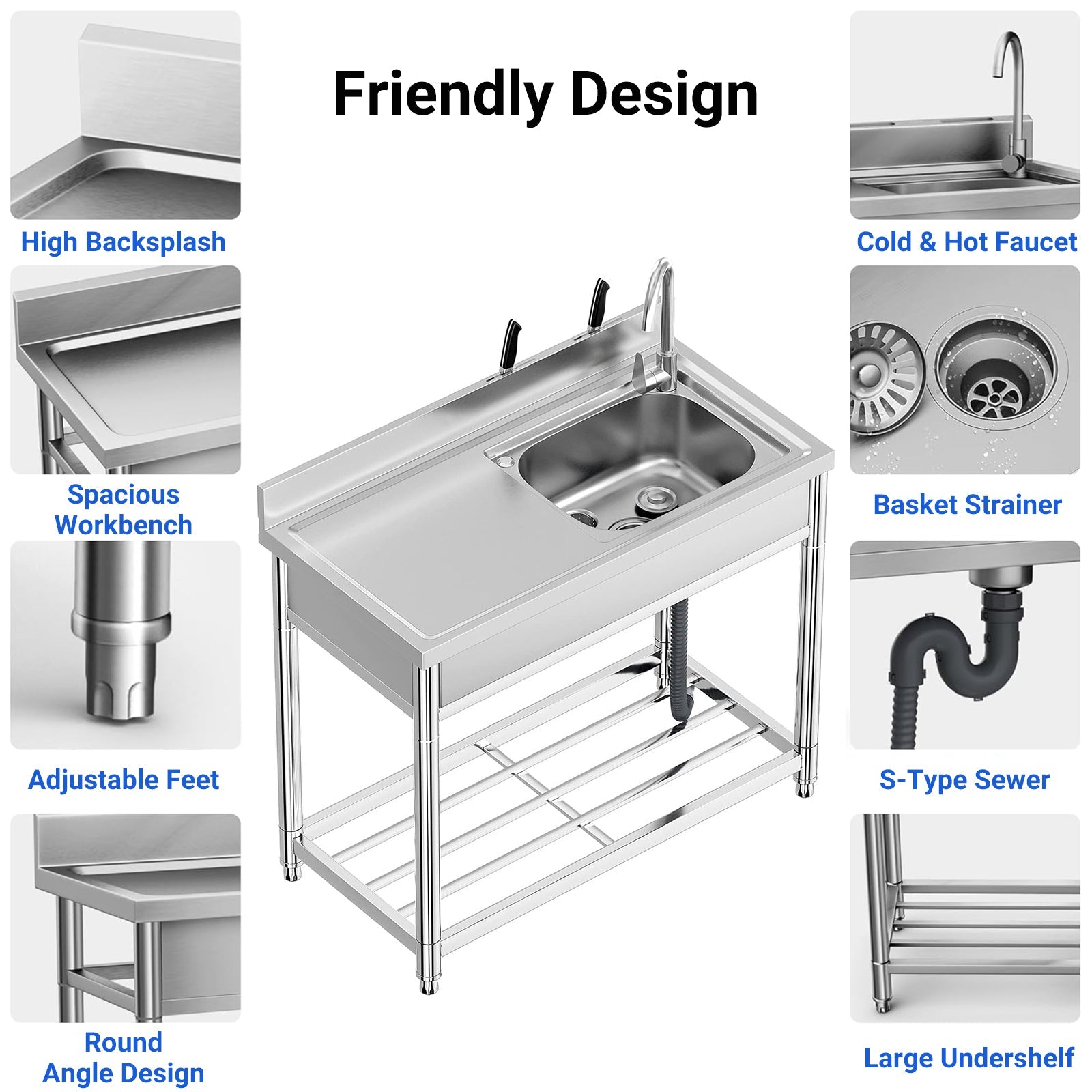 Garvee Évier en Inox 304 100 x 50 x 80 cm avec Robinet Eau Chaude/Froide, Grande Cuve et Étagères de Rangement, pour Cuisine Professionnelle et Jardin
