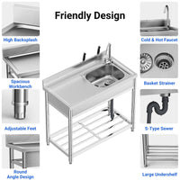 Garvee Évier en Inox 304 100 x 50 x 80 cm avec Robinet Eau Chaude/Froide, Grande Cuve et Étagères de Rangement, pour Cuisine Professionnelle et Jardin