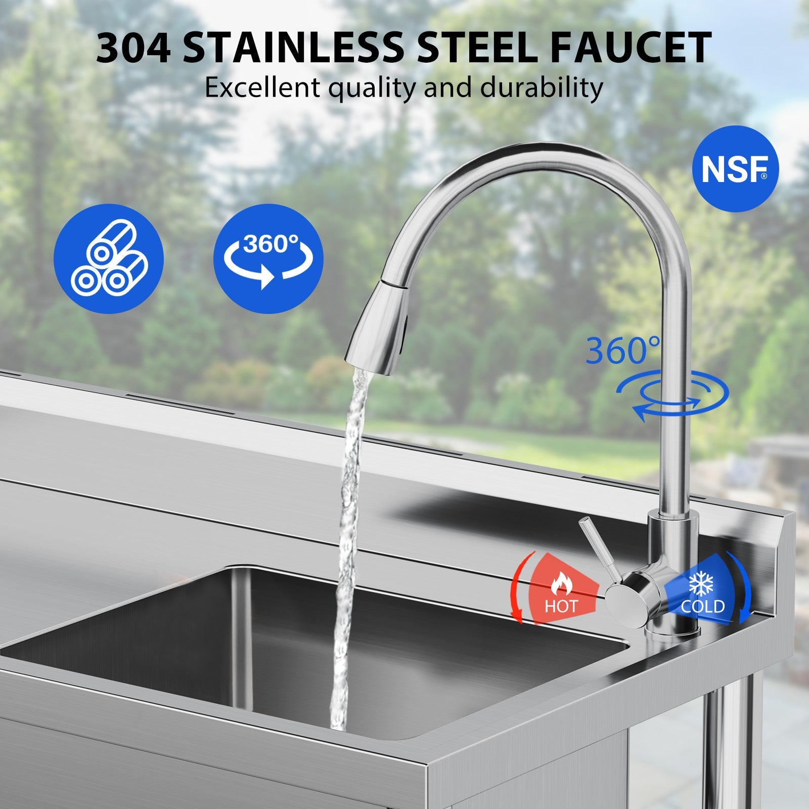 Garvee Évier en Inox 304 100 x 50 x 80 cm avec Robinet Eau Chaude/Froide, Grande Cuve et Étagères de Rangement, pour Cuisine Professionnelle et Jardin