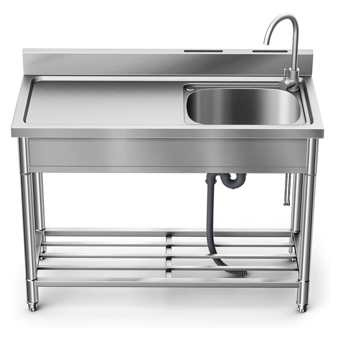 Garvee Évier en Inox 304 100 x 50 x 80 cm avec Robinet Eau Chaude/Froide, Grande Cuve et Étagères de Rangement, pour Cuisine Professionnelle et Jardin