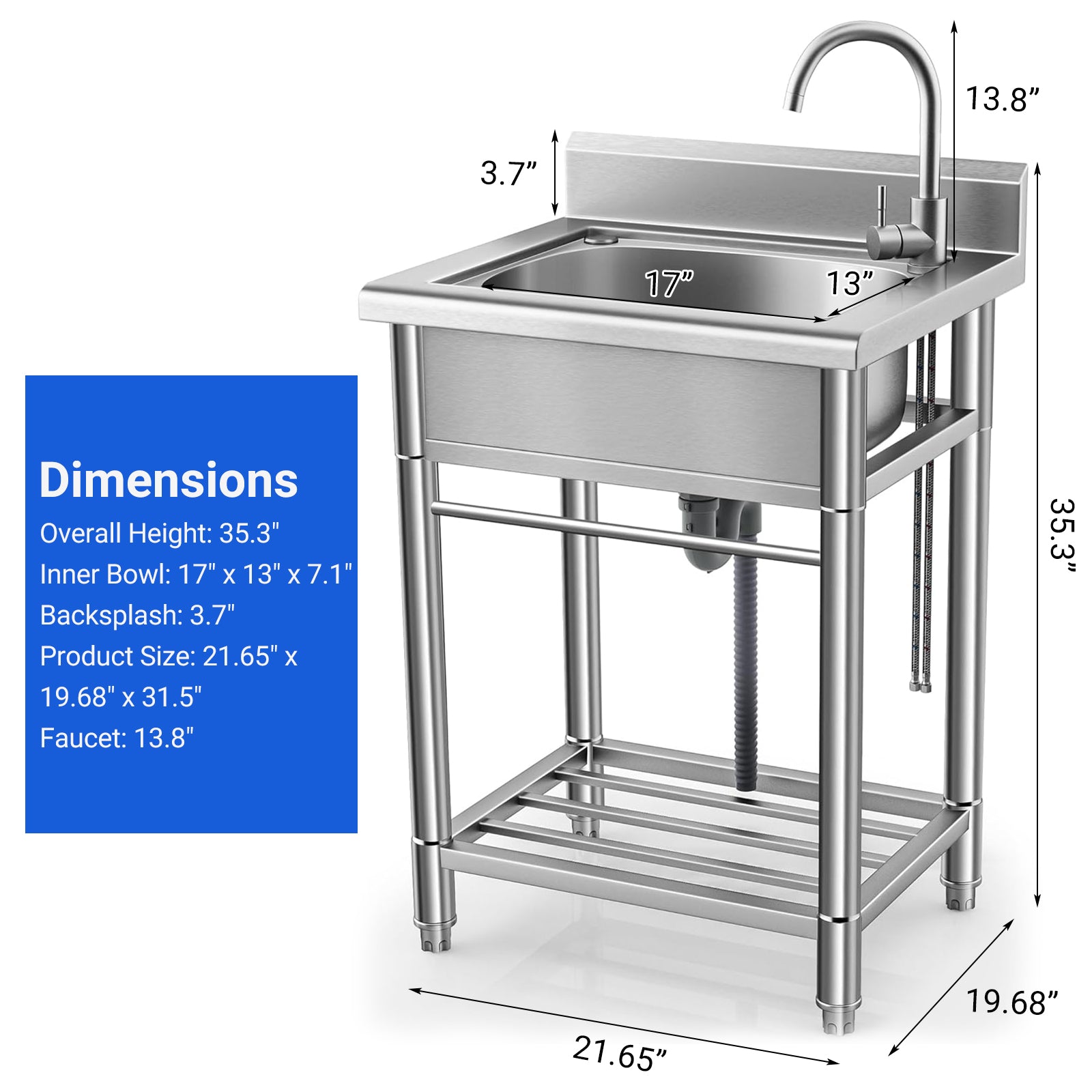 Garvee Évier en Inox 304 55 x 50 x 80 cm, Robinet Pivotant 360°, Grand Bac Anti-éclaboussures, Installation Facile pour Cuisine et Buanderie