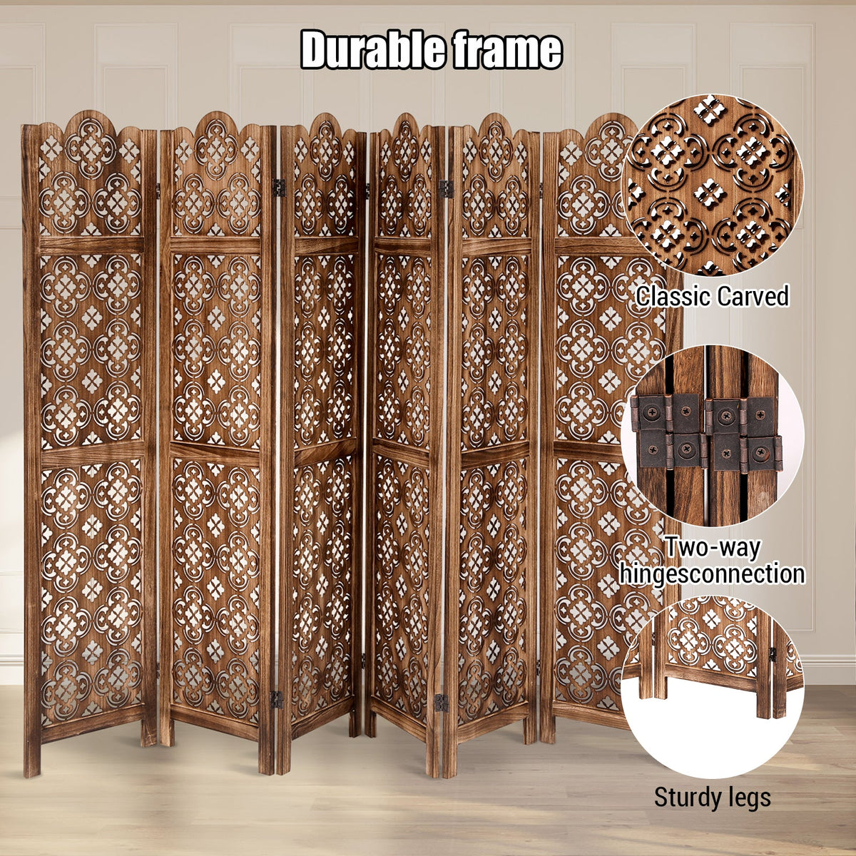 Paravent Garvee à 6 panneaux en bois sculpté, brun antique, 170 cm de haut, pliable et portable pour bureau et chambre.
