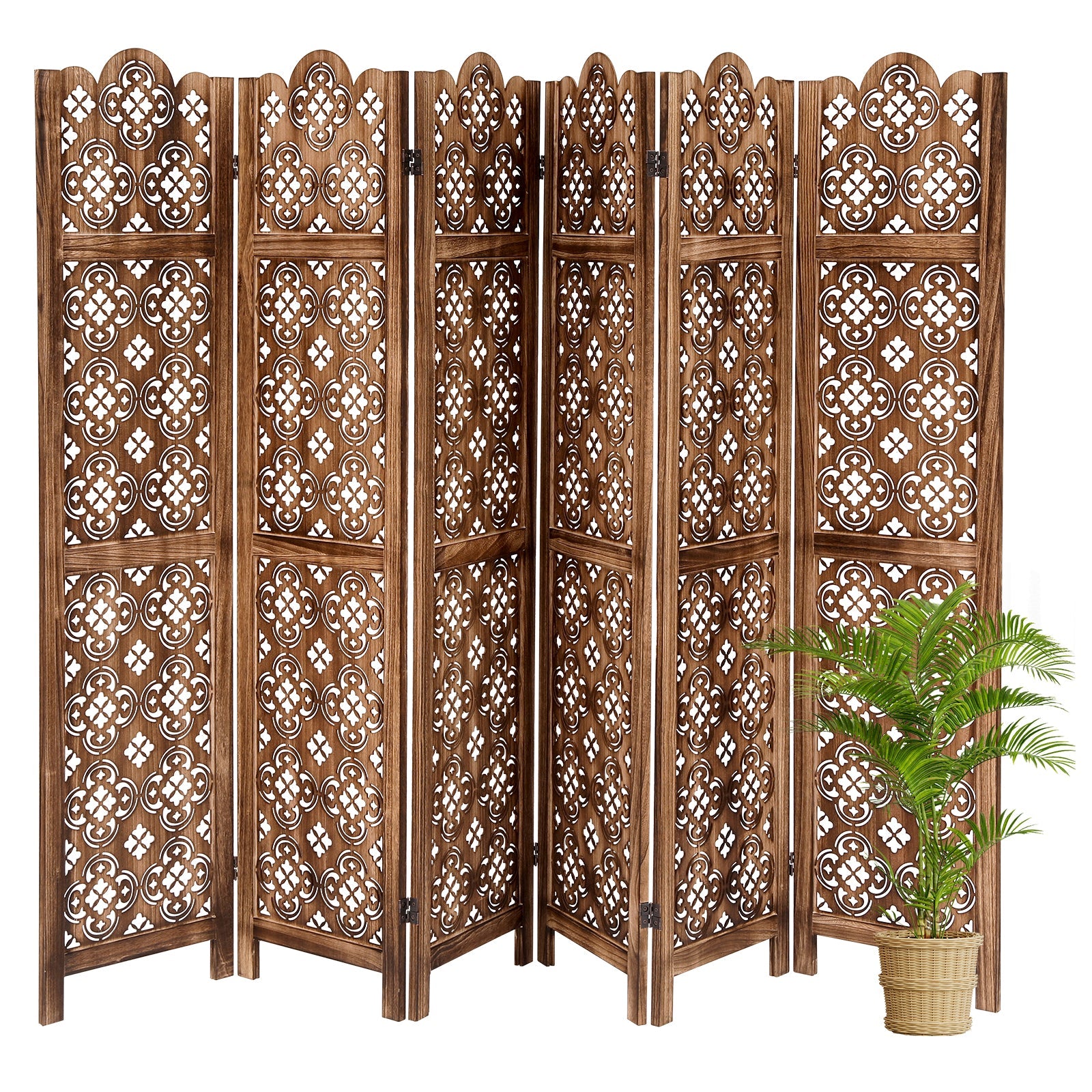 Paravent Garvee à 6 panneaux en bois sculpté, brun antique, 170 cm de haut, pliable et portable pour bureau et chambre.