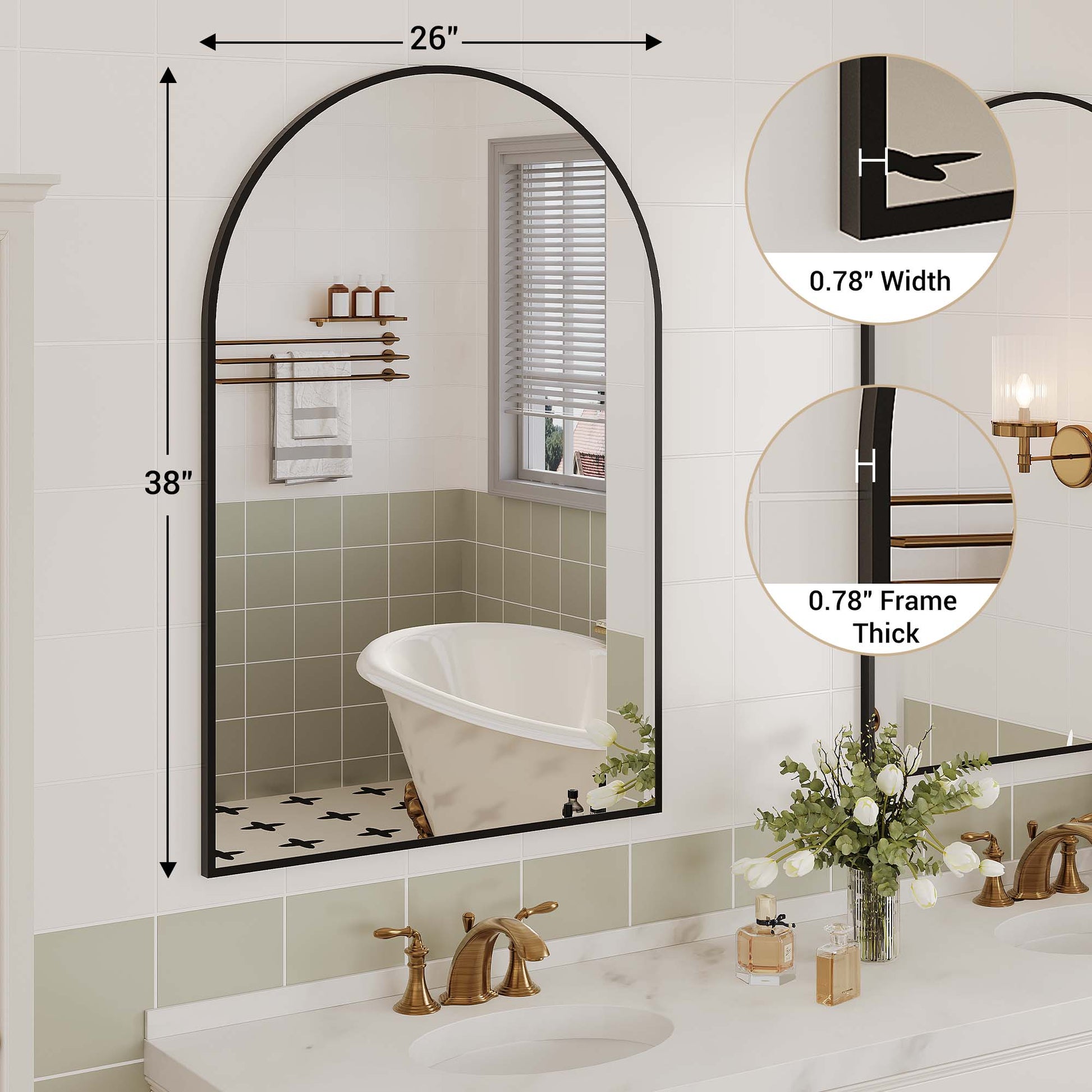 Miroir mural arqué Garvee 26x38" avec cadre en aluminium, noir mat, pour salle de bain, chambre et salon