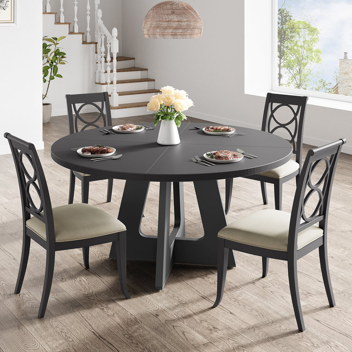 Table de salle à manger ronde Garvee de 119 cm (47 pouces), style ferme, en bois, avec pieds réglables, idéale pour la salle à manger ou le salon. Panneaux en MDF robustes, couleur marron.