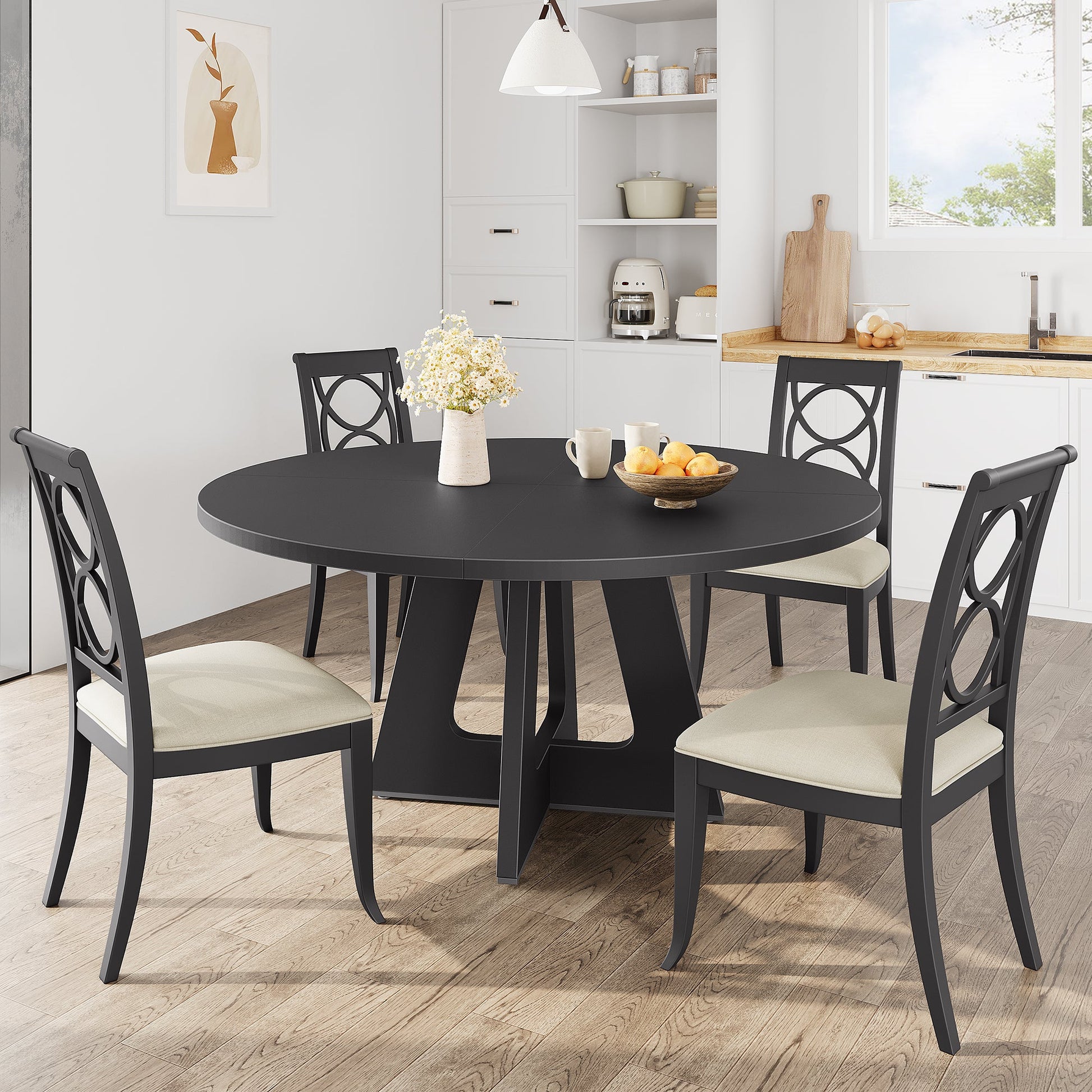 Table de salle à manger ronde Garvee de 119 cm (47 pouces), style ferme, en bois, avec pieds réglables, idéale pour la salle à manger ou le salon. Panneaux en MDF robustes, couleur marron.