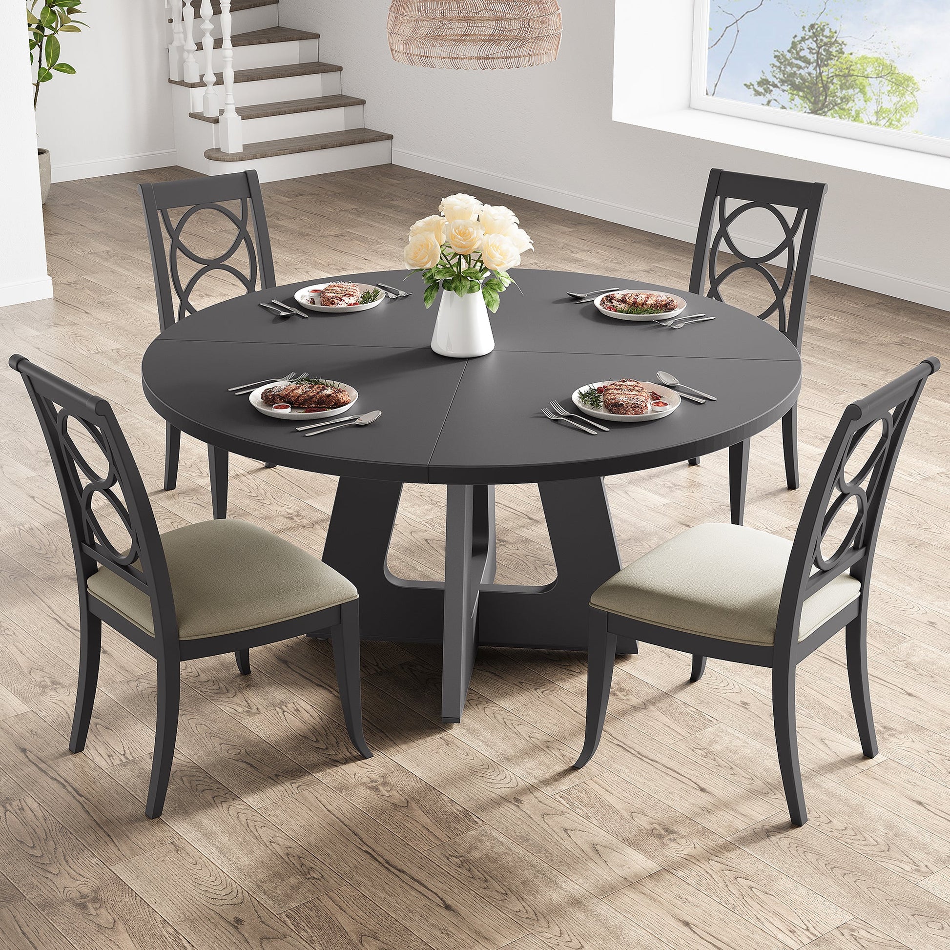 Table de salle à manger ronde Garvee de 119 cm (47 pouces), style ferme, en bois, avec pieds réglables, idéale pour la salle à manger ou le salon. Panneaux en MDF robustes, couleur marron.
