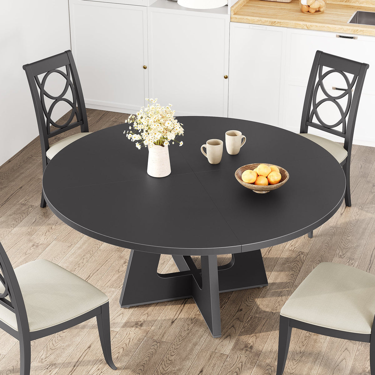 Table de salle à manger ronde Garvee de 119 cm (47 pouces), style ferme, en bois, avec pieds réglables, idéale pour la salle à manger ou le salon. Panneaux en MDF robustes, couleur marron.