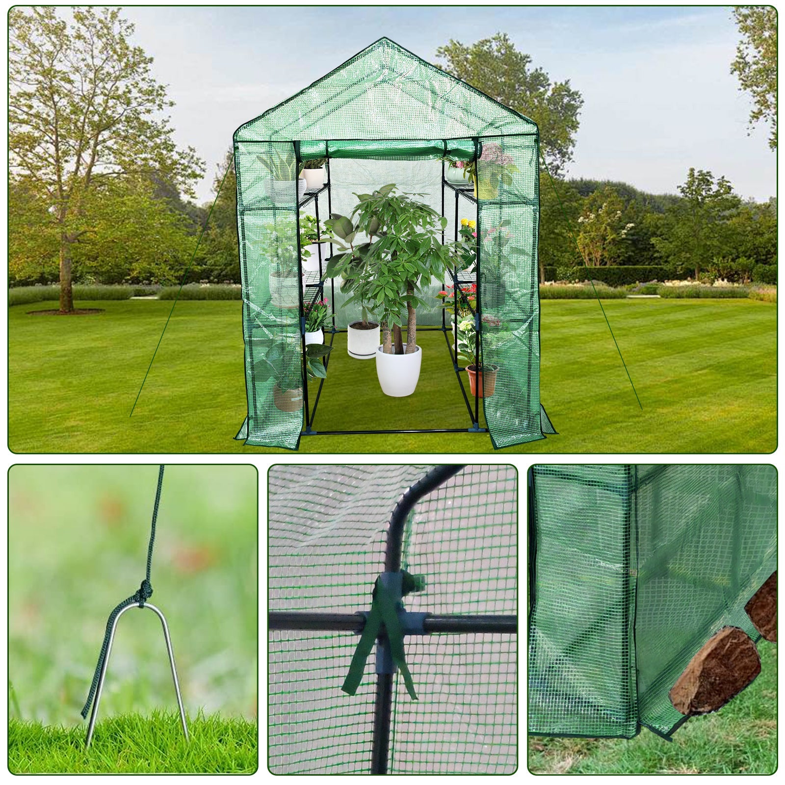 Serre mobile Garvee avec structure en acier, 6 étagères pour jardin et balcon, 145 x 145 x 193 cm, verte