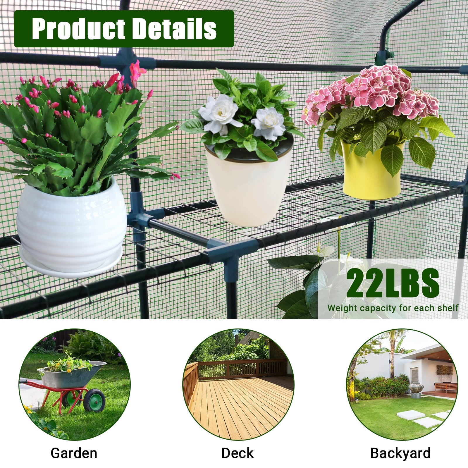Serre mobile Garvee avec structure en acier, 6 étagères pour jardin et balcon, 145 x 145 x 193 cm, verte