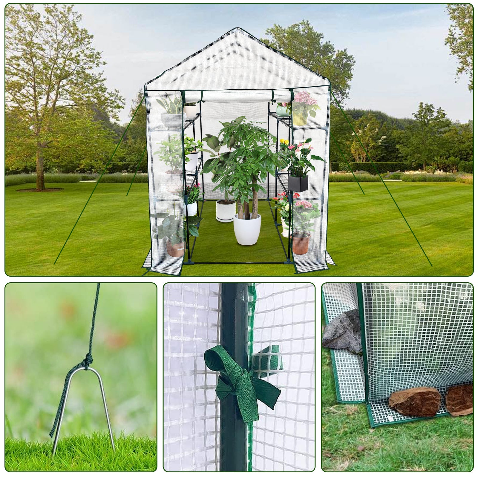 Serre de jardin Garvee 145 x 145 x 193 cm, structure en acier robuste, 3 niveaux, porte enroulable avec fermeture éclair, portable pour jardin et terrasse.
