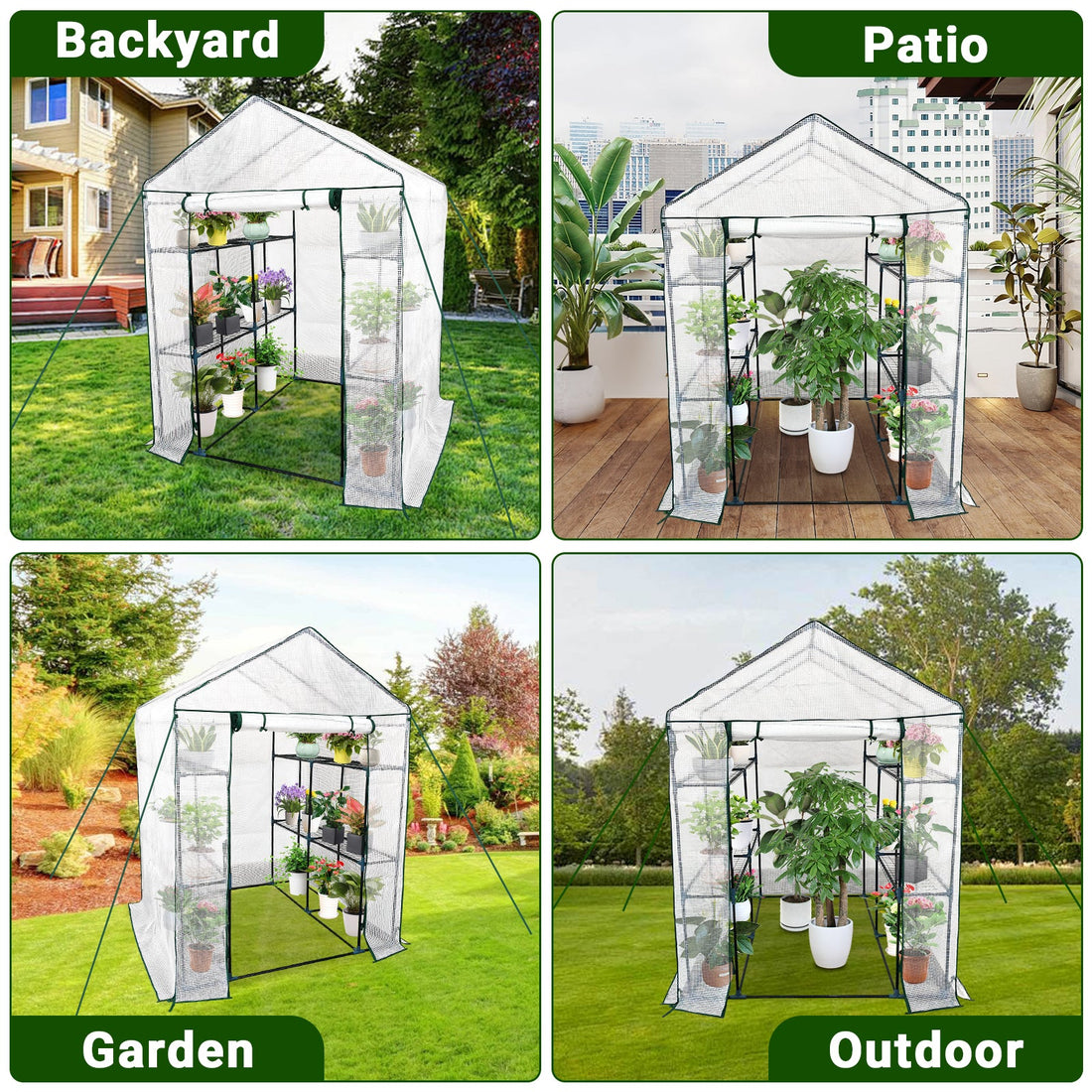 Serre de jardin Garvee 145 x 145 x 193 cm, structure en acier robuste, 3 niveaux, porte enroulable avec fermeture éclair, portable pour jardin et terrasse.