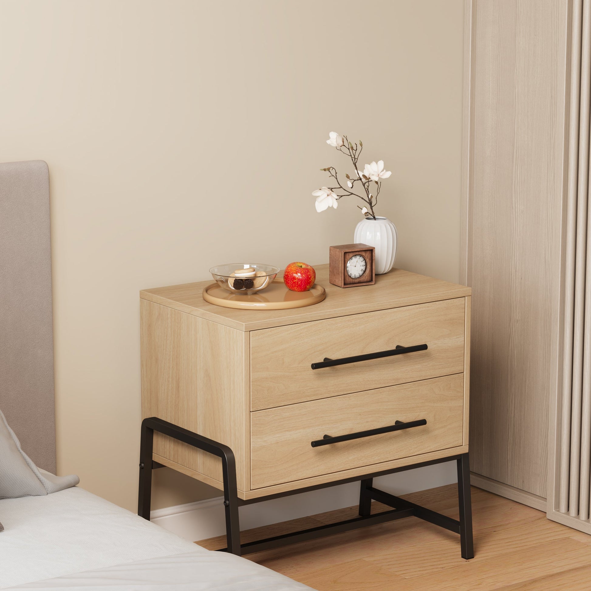 Table de chevet Garvee à 2 tiroirs, table d'appoint moderne, pieds en métal, bois, chambre et salon, robuste, facile à nettoyer, couleur bois clair