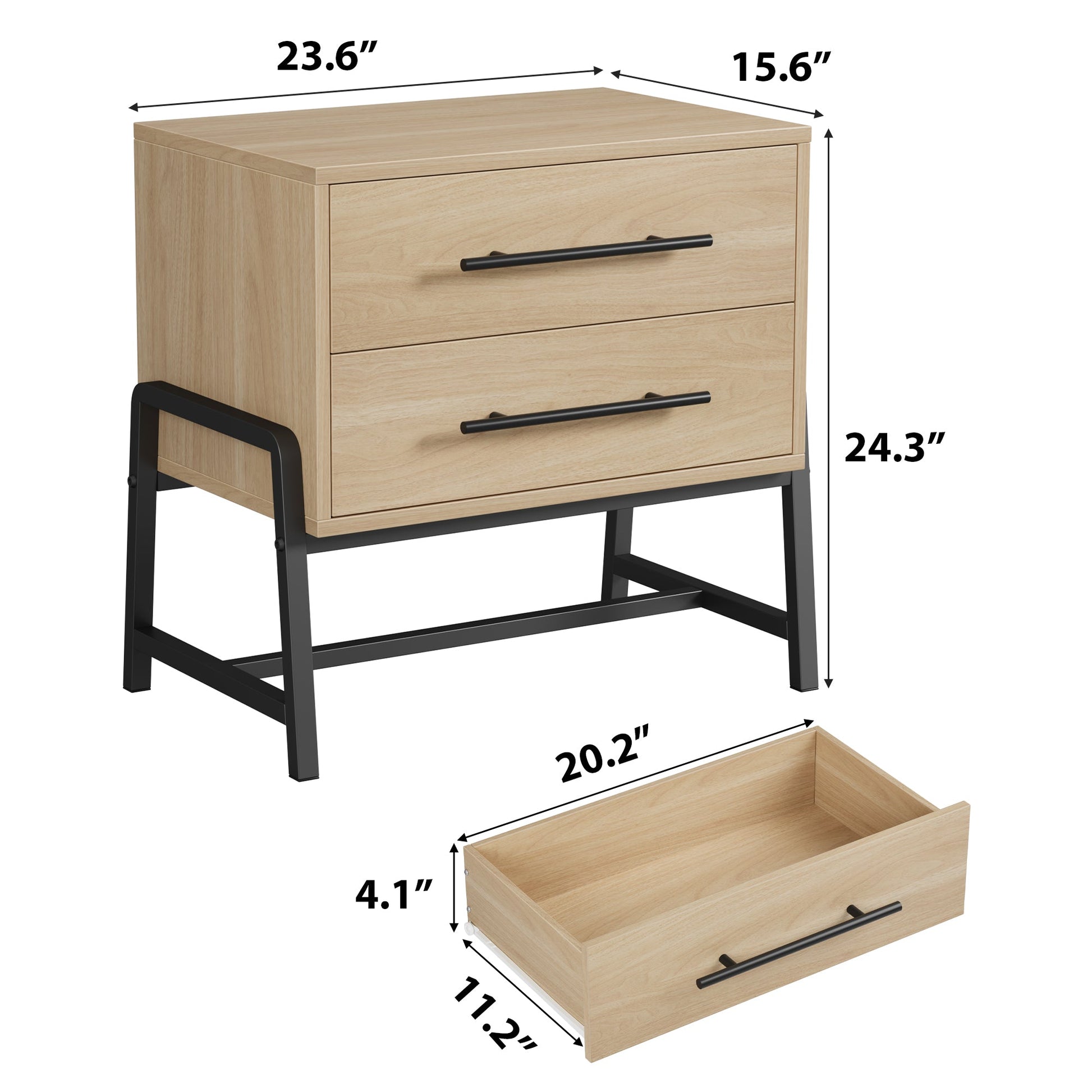 Table de chevet Garvee à 2 tiroirs, table d'appoint moderne, pieds en métal, bois, chambre et salon, robuste, facile à nettoyer, couleur bois clair