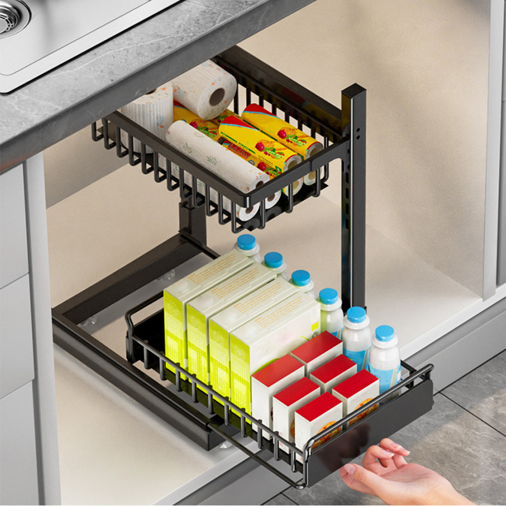 Organisateur de cuisine Garvee à 2 niveaux pour sous-évier, tiroir coulissant, en forme de L, hauteur réglable, alliage d'aluminium, argent