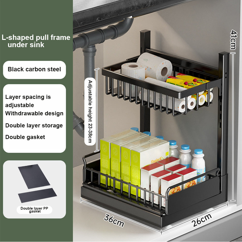 Organisateur de cuisine Garvee à 2 niveaux pour sous-évier, tiroir coulissant, en forme de L, hauteur réglable, alliage d'aluminium, argent