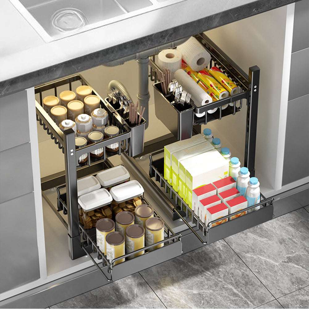 Organisateur de cuisine Garvee à 2 niveaux pour sous-évier, tiroir coulissant, en forme de L, hauteur réglable, alliage d'aluminium, argent