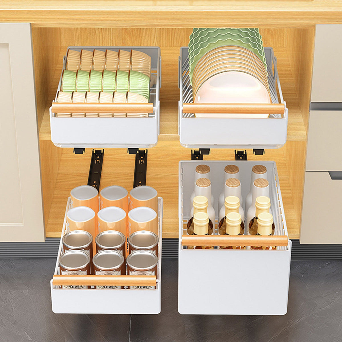 Tiroir extensible Garvee pour meuble de cuisine avec mécanisme de fermeture amortie, structure en métal, acier au carbone, pour la cuisine et la salle de bain, polyvalent, robuste et silencieux