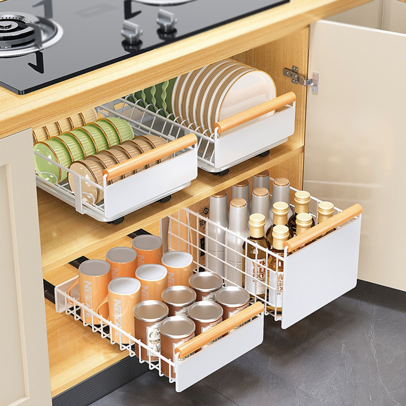 Garvee Insert de tiroir extensible pour armoire de cuisine, en métal avec mécanisme de fermeture amortie, pour la cuisine et la salle de bain, polyvalent, noir