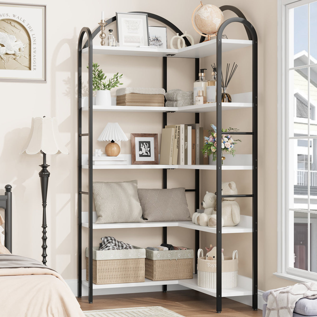 Garvee étagère d'angle style industriel en l, 5 niveaux, structure métallique, pour salon et chambre, 174 × 78 × 78 cm, noire