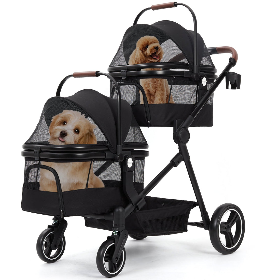 Garvee Poussette pliable pour chien jusqu’à 22kg, double panier, fenêtre filet, protection pluie et porte-gobelet, noir