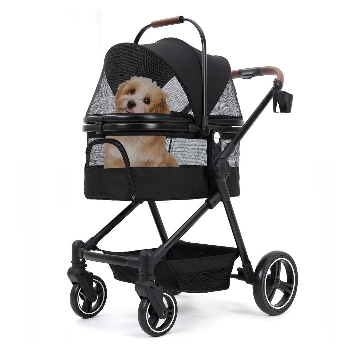 Garvee Poussette pliable pour chien jusqu’à 22 kg, noire, avec rangement, fenêtres en maille, housse de pluie et panier, idéale pour chiens et animaux de compagnie.