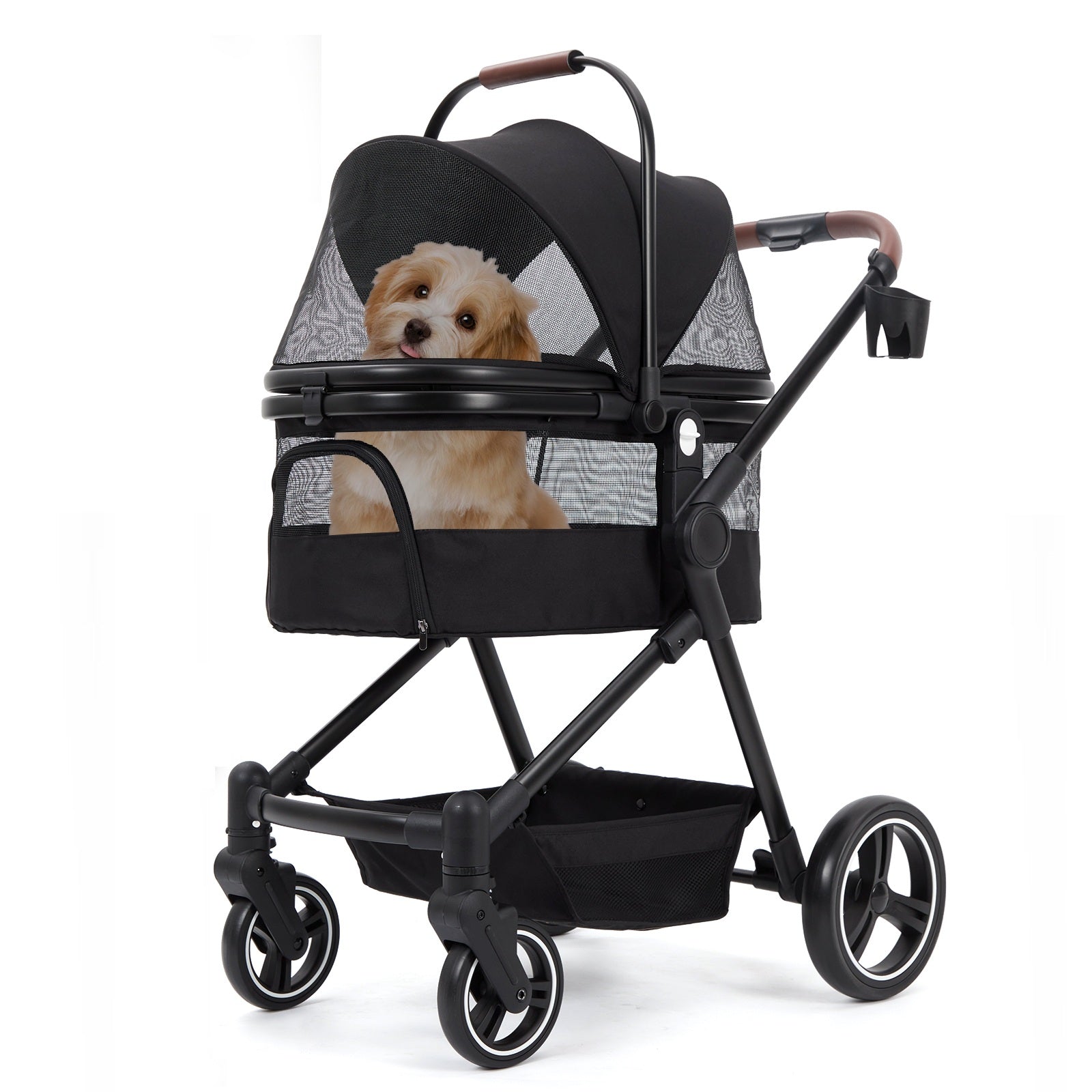 Garvee Poussette pliable pour chien jusqu’à 22 kg, noire, avec rangement, fenêtres en maille, housse de pluie et panier, idéale pour chiens et animaux de compagnie.