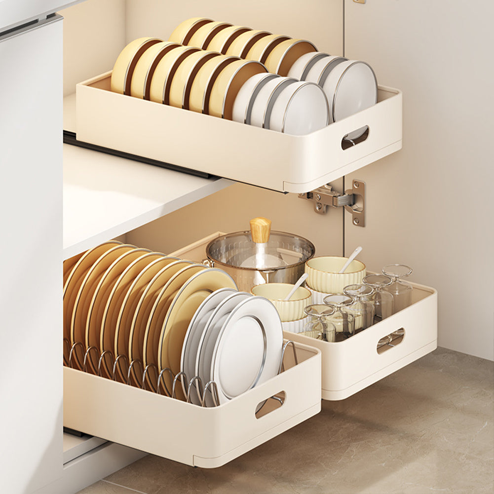 Garvee égouttoir à vaisselle télescopique pour tiroir, organisateur de vaisselle pour placard de cuisine et salle de bain, 24.5 × 39.7 × 7.5 cm, beige, multifonctionnel et peu encombrant