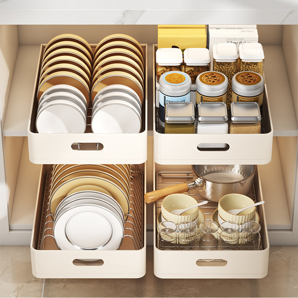 Garvee égouttoir à vaisselle télescopique pour tiroir, organisateur de vaisselle pour placard de cuisine et salle de bain, 24.5 × 39.7 × 7.5 cm, beige, multifonctionnel et peu encombrant