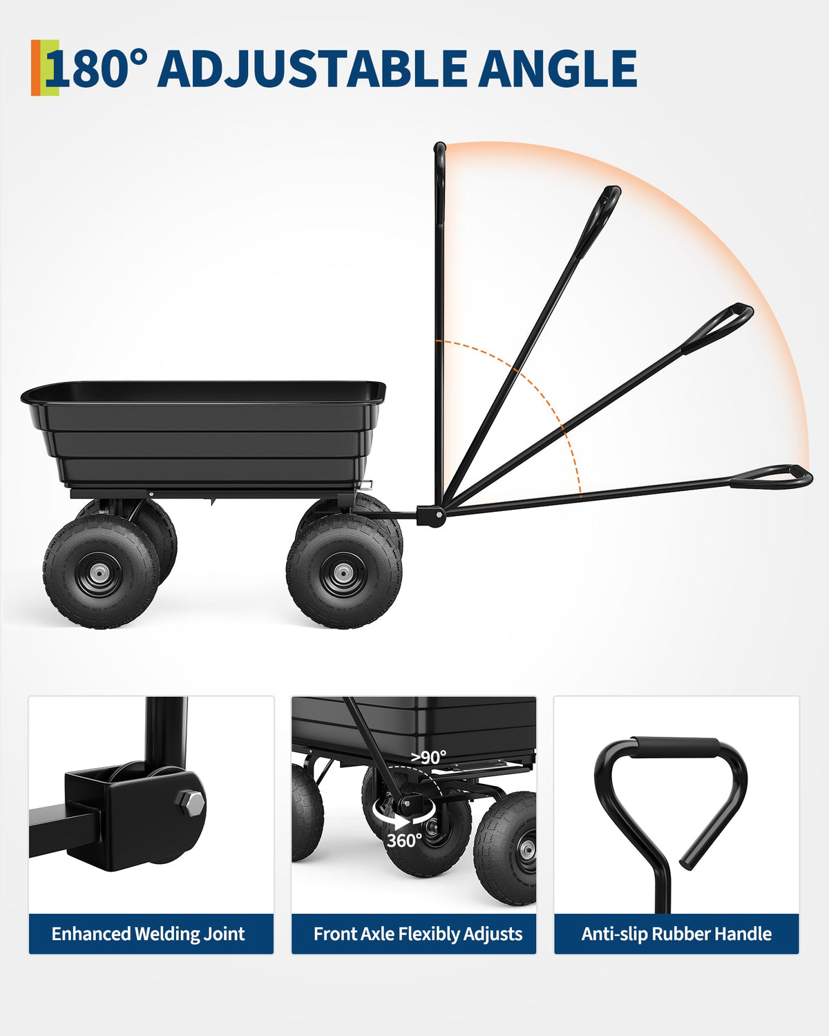 Chariot basculant Garvee en polypropylène, capacité de charge de 272 kg (600 lb), avec système de fixation rapide, pneus increvables de 25 cm (10 po), résistant aux intempéries, pour le jardinage