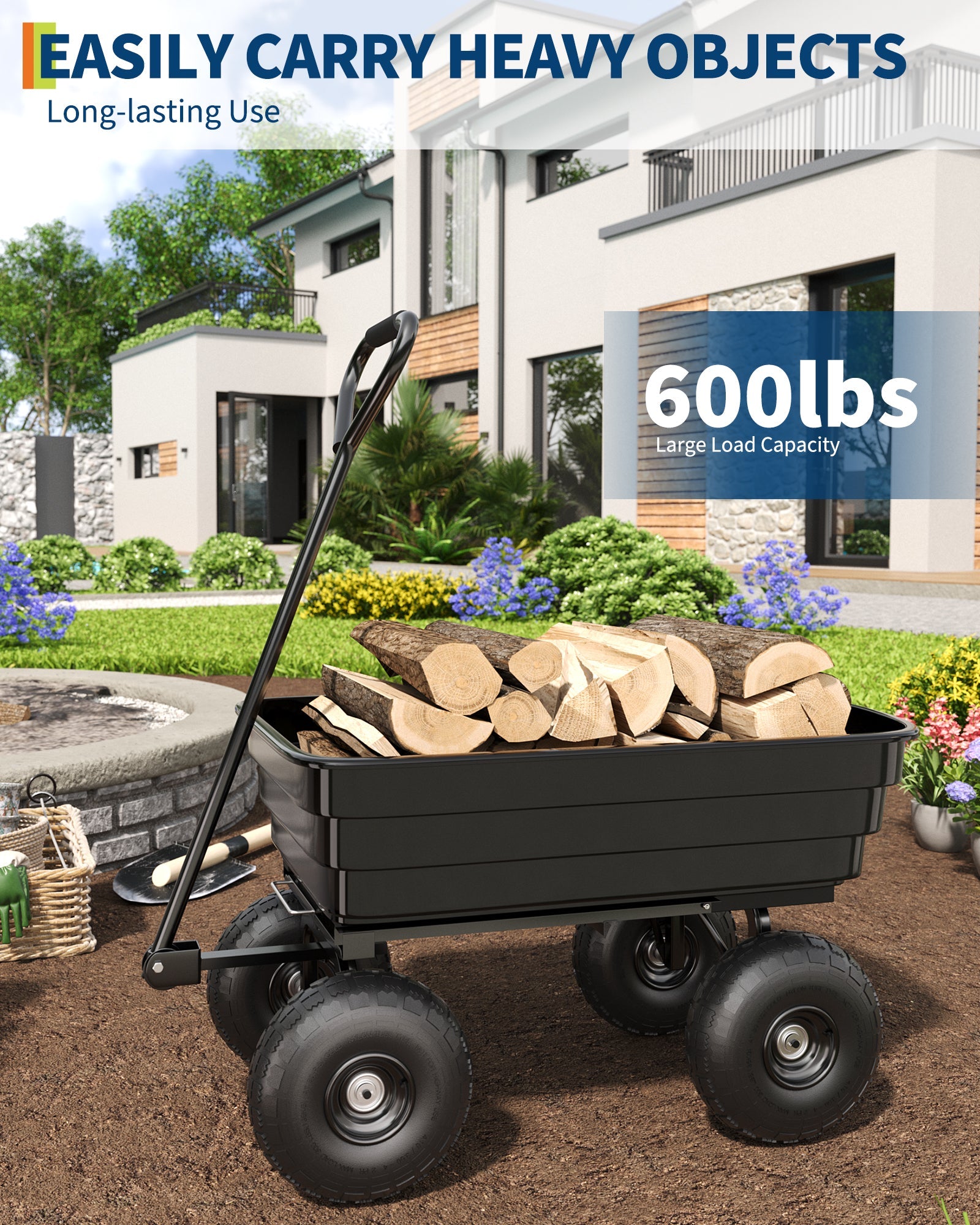 Chariot basculant Garvee en polypropylène, capacité de charge de 272 kg (600 lb), avec système de fixation rapide, pneus increvables de 25 cm (10 po), résistant aux intempéries, pour le jardinage