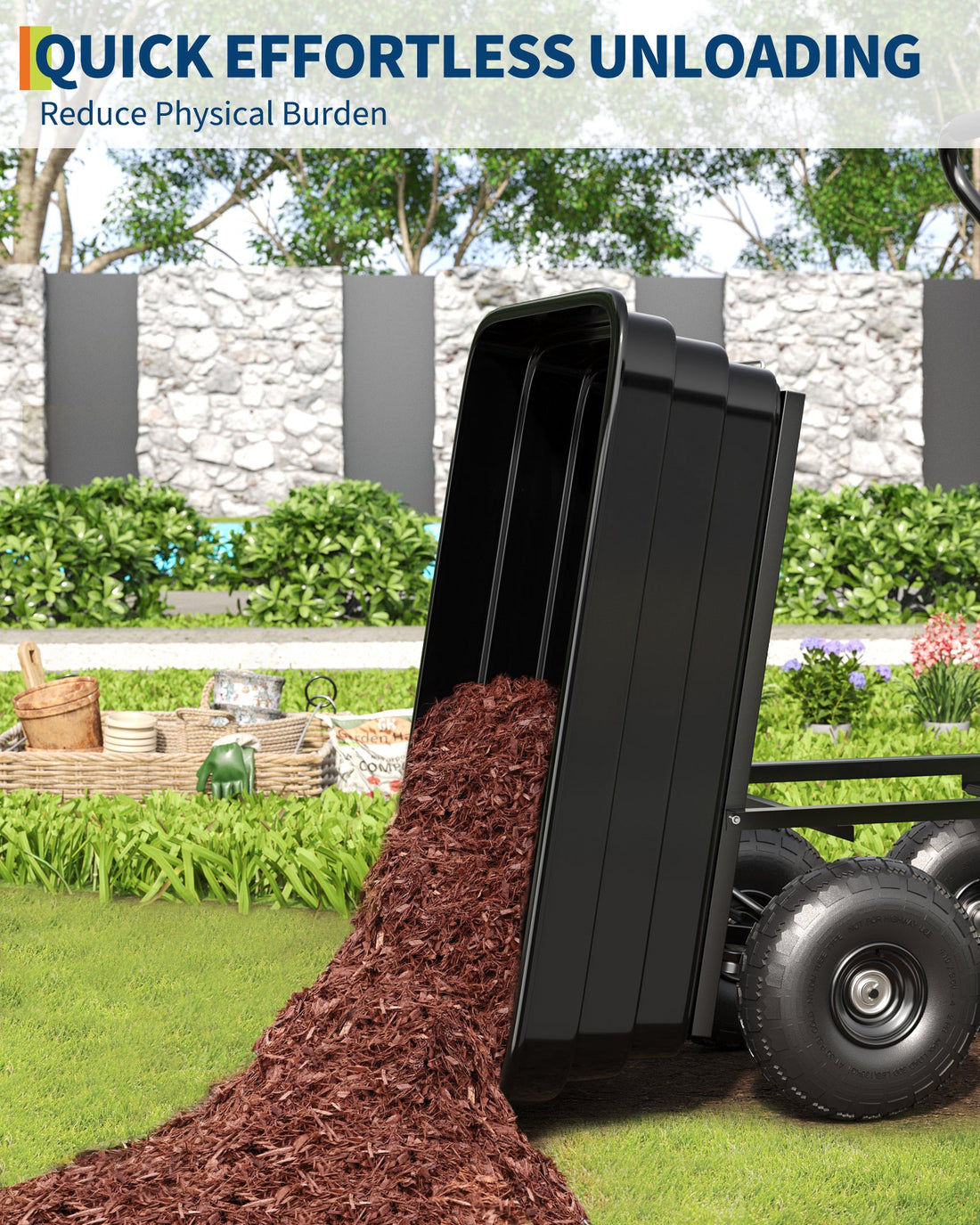 Chariot basculant Garvee en polypropylène, capacité de charge de 272 kg (600 lb), avec système de fixation rapide, pneus increvables de 25 cm (10 po), résistant aux intempéries, pour le jardinage