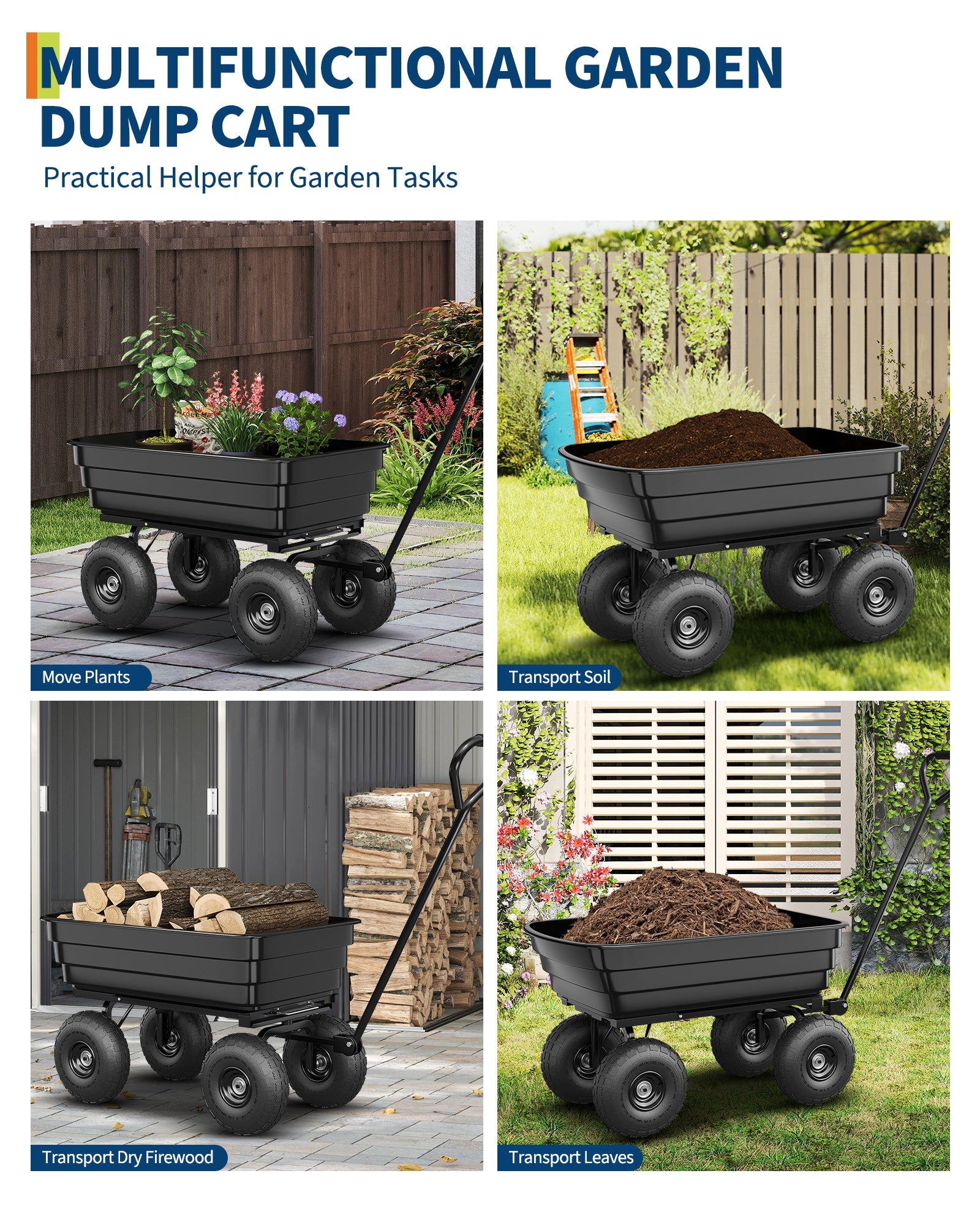 Chariot basculant Garvee en polypropylène, capacité de charge de 272 kg (600 lb), avec système de fixation rapide, pneus increvables de 25 cm (10 po), résistant aux intempéries, pour le jardinage
