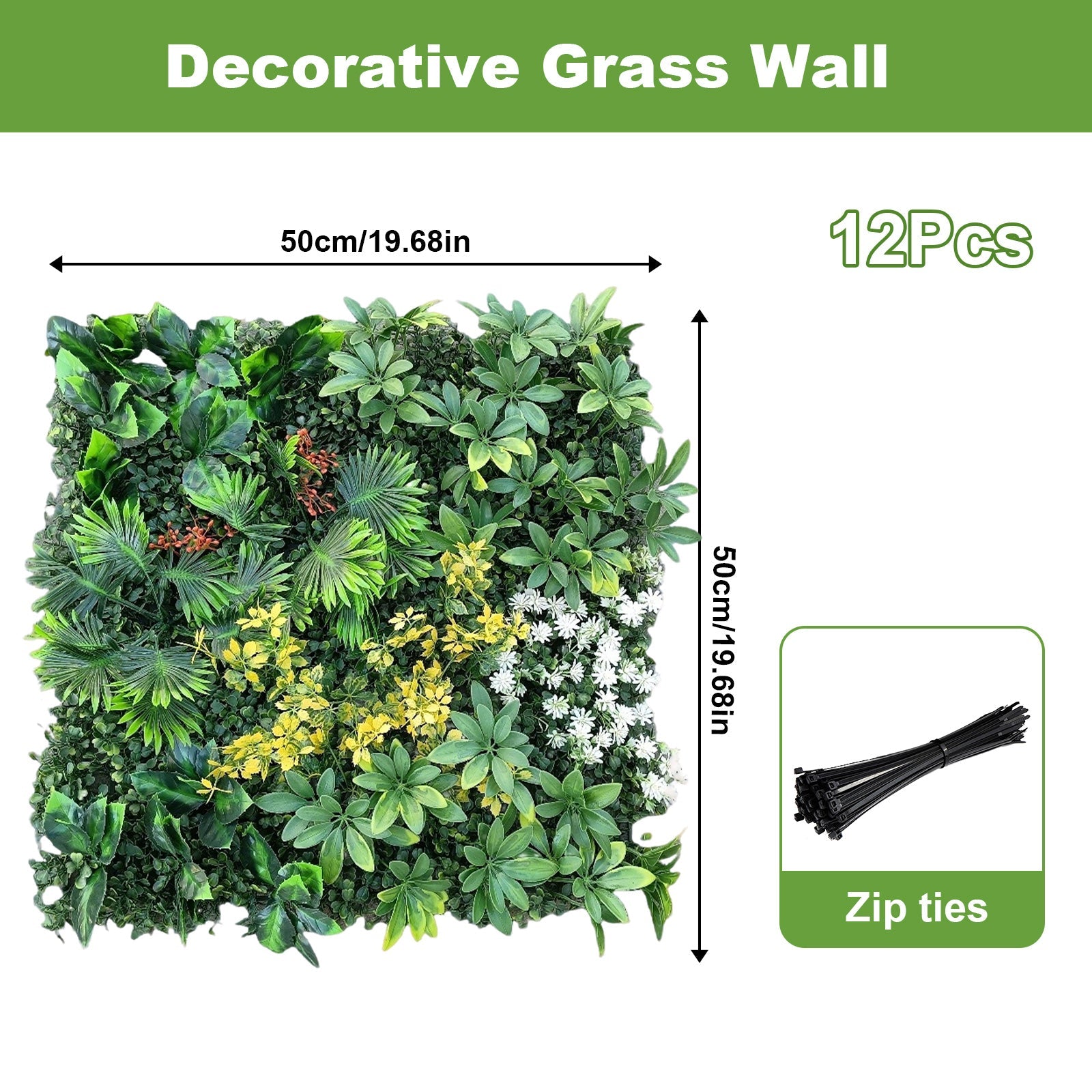 Ensemble de 6 panneaux muraux en gazon artificiel Garvee 50 x 50 cm - Résistant aux UV et aux intempéries, en polyéthylène (PE) pour jardin, mariage, usage intérieur et extérieur, vert