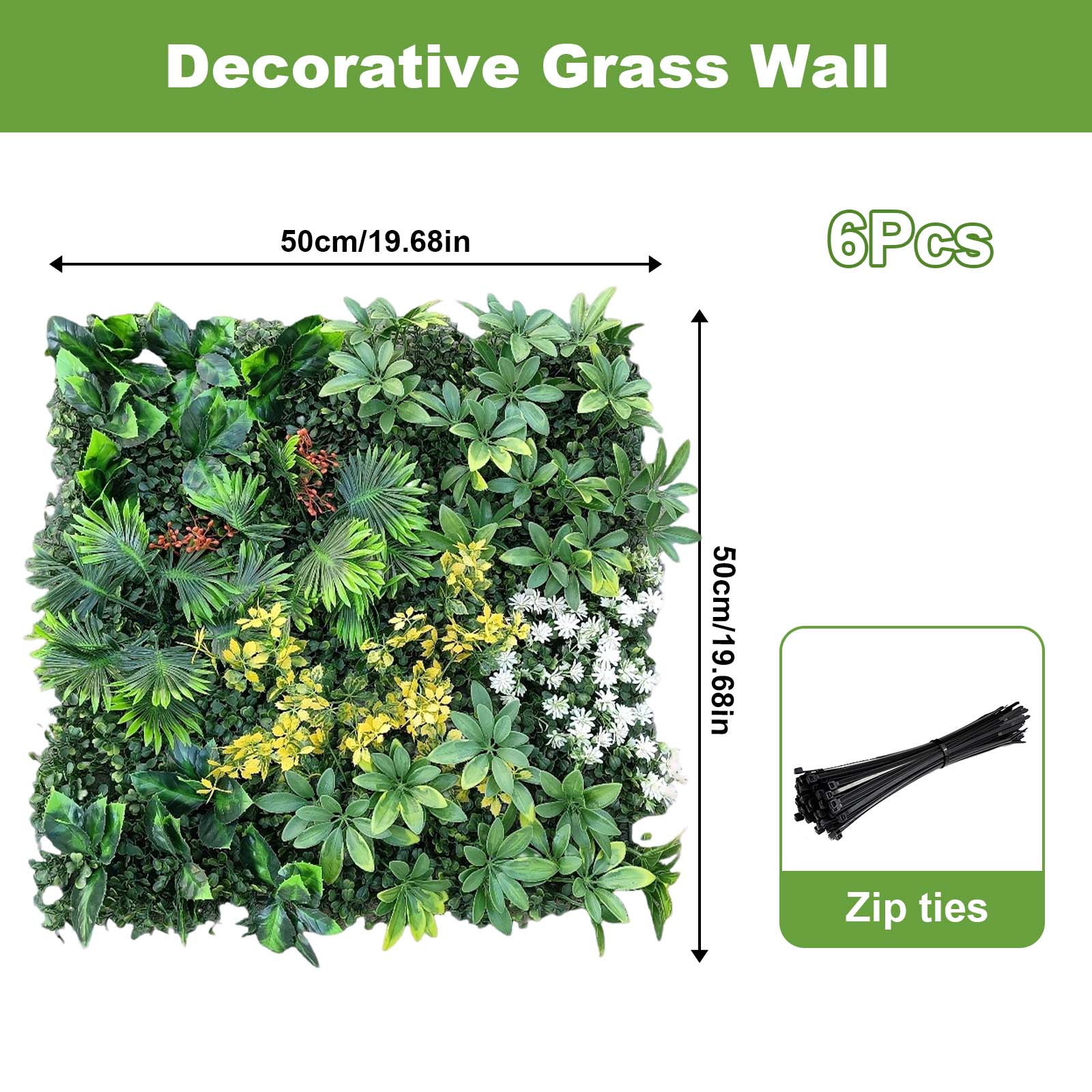 Ensemble de 6 panneaux muraux en gazon artificiel Garvee 50 x 50 cm - Résistant aux UV et aux intempéries, en polyéthylène (PE) pour jardin, mariage, usage intérieur et extérieur, vert