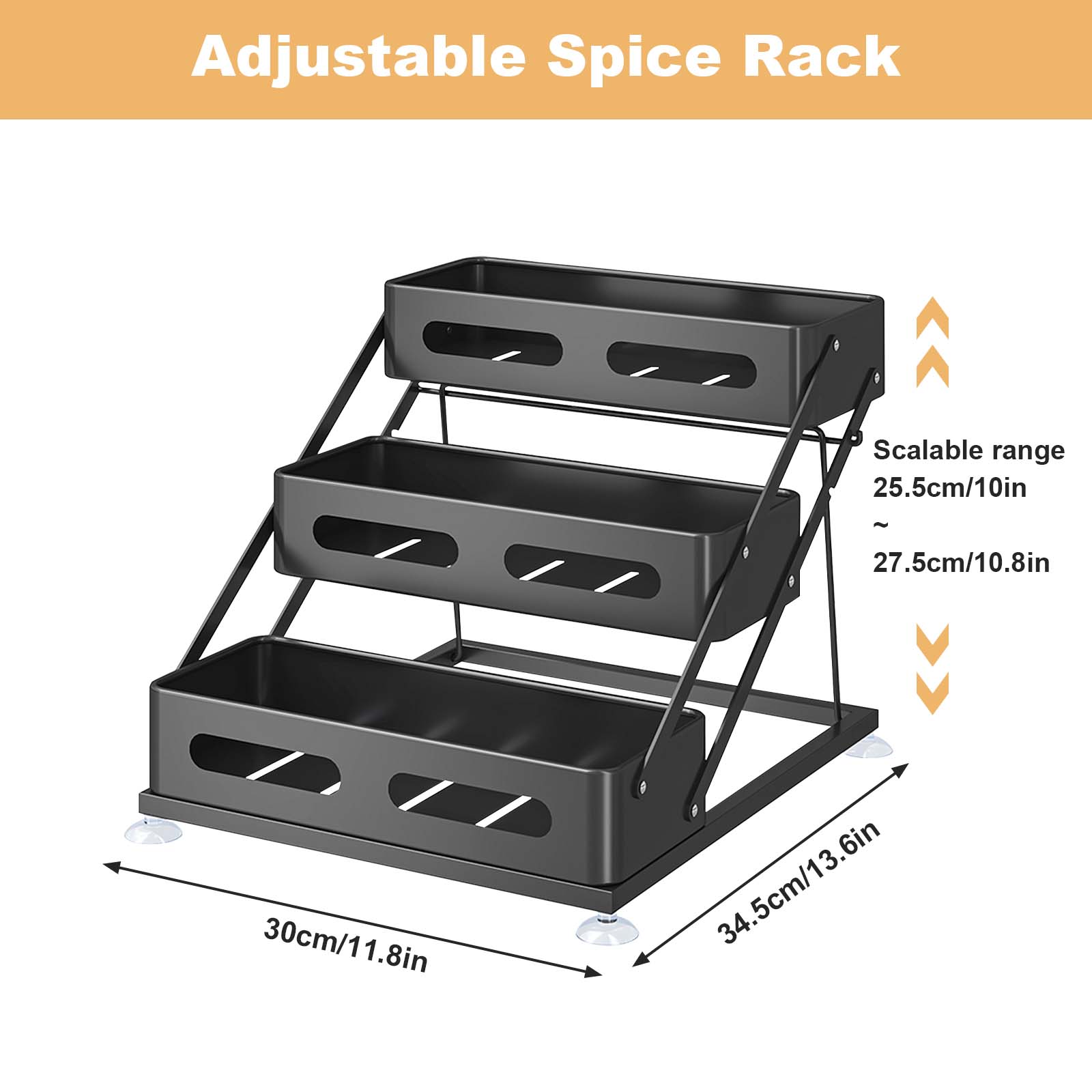 Étagère à épices Garvee à 3 niveaux en acier au carbone, hauteur réglable de 25,4 à 27,4 cm, noire, pour comptoirs de cuisine