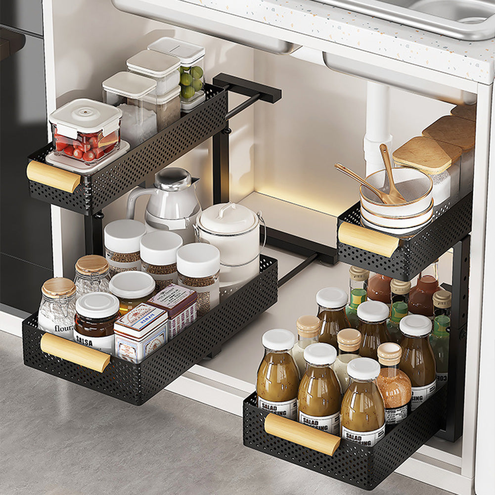 Ensemble de 2 organisateurs sous évier Garvee, en métal, extensibles à 2 niveaux, pour la cuisine et la salle de bain, noir.